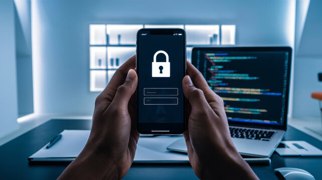 A person's hands holding a smartphone, with an emphasis on the screen displaying a padlock