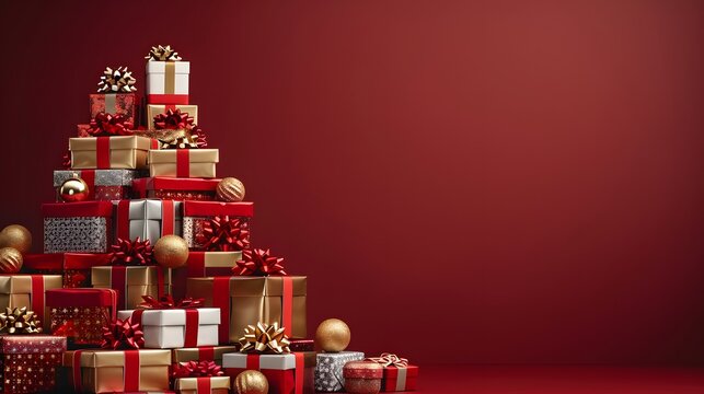A pile of Christmas gifts are stacked in an elegant pyramid, showcasing the joy and excitement associated with holiday giving.