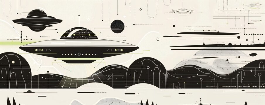 Stylish minimalist graphic celebrating world ufo day with futuristic ufos and abstract landscape