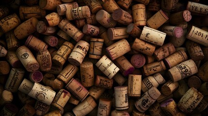 A pile of used wine corks were spread out, showing different styles and shapes of the corks against a dark background. The corks displayed the various techniques.