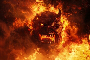 Artistic depiction of a fearsome demon with glowing eyes surrounded by intense fire