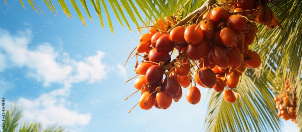 Poster Selective focus on a palm tree with date fruits against a sky background providing a perfect copy space image.