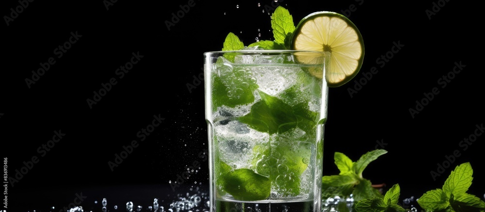 Poster a cocktail mojito displayed on a dark background with a glass filled with ice, lime slice, fresh min