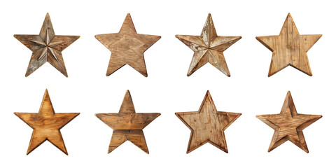 Obraz premium Collection star shapes blank wooden sign board wood on a transparent background, cut out, PNG