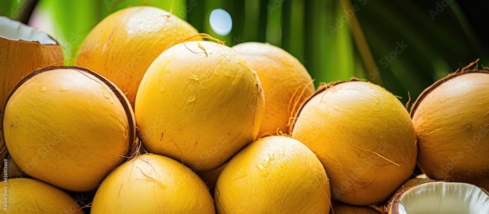 Aufkleber Close-up of a cluster of ripe yellow coconuts on a tree with ample copy space image.