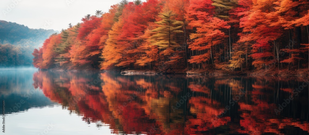 Poster A picturesque scene of a dense forest with vibrant red foliage reflected in calm water, ideal for a copy space image.