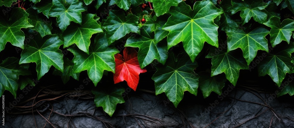 Poster Ivy leaves on a tree trunk with copy space image.