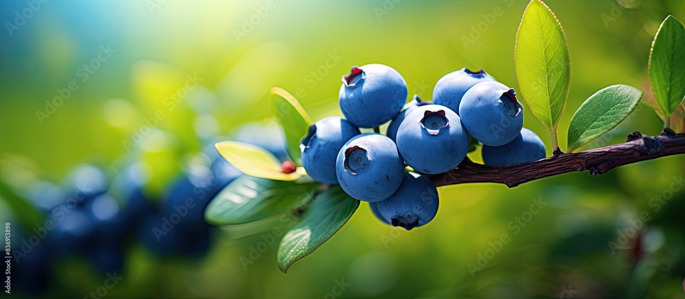 Poster Selective focus on a ripe wild blueberry in macro view on a small bush with a shallow depth of field, ideal for copy space image.