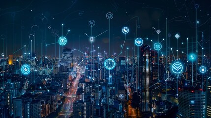 Obraz premium Night cityscape shows network connectivity with digital icons, reflecting a smart, advanced urban environment