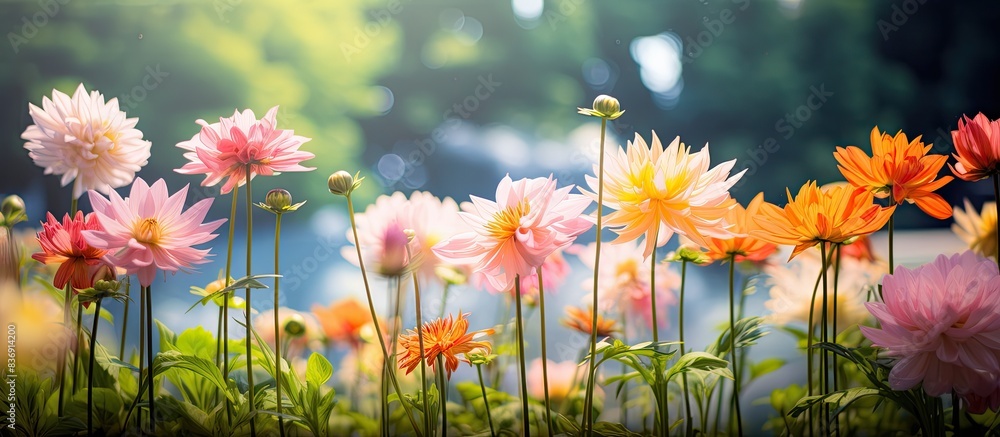 Poster lovely flowers found in a botanical garden with a scenic backdrop for copy space image.