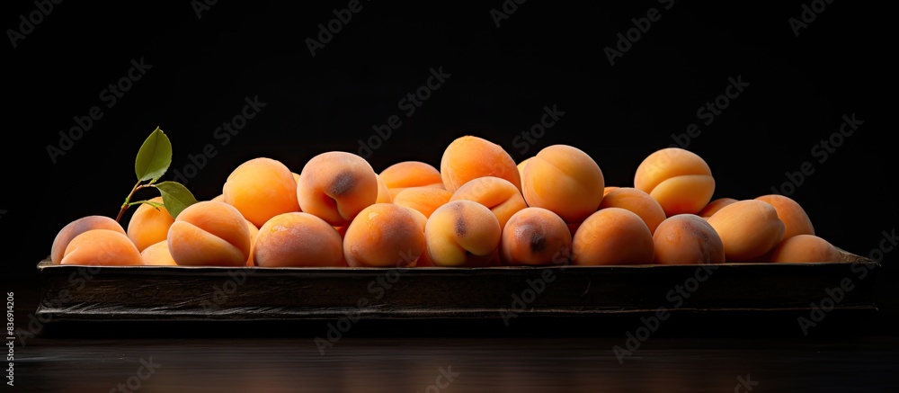 Poster apricots ripe for picking on a black tray against a dark background, with copy space image available