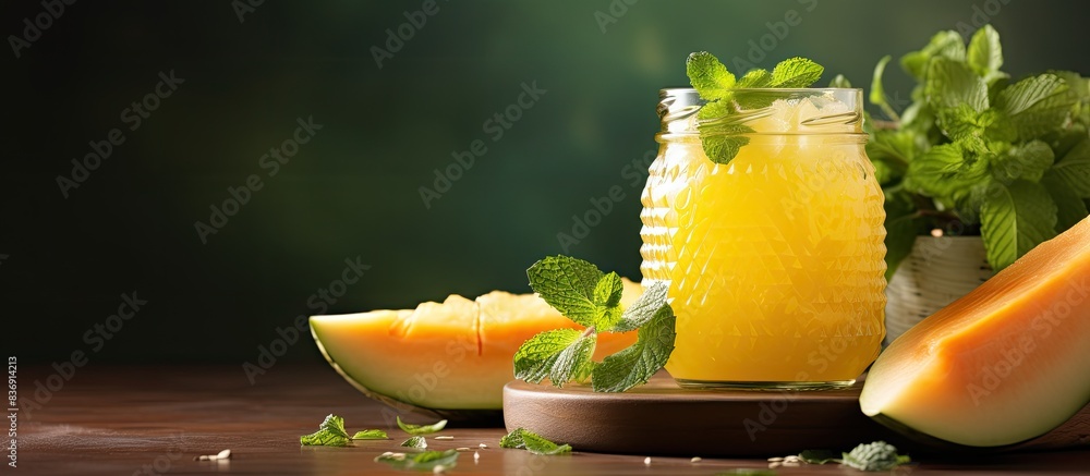 Poster hami melon juice with mint in a glass jar on the table, featuring high-quality copy space image.