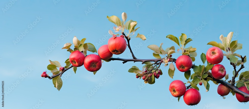 Poster an apple quince branch looks picturesque against a backdrop of a green garden and a blue sky, creati