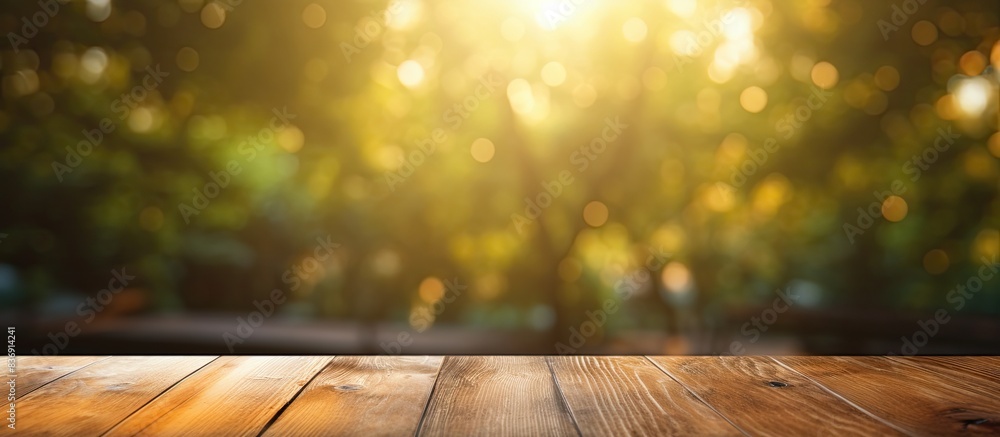 Aufkleber Wooden table with no items on top and a vibrant bokeh background, ideal for a copy space image.