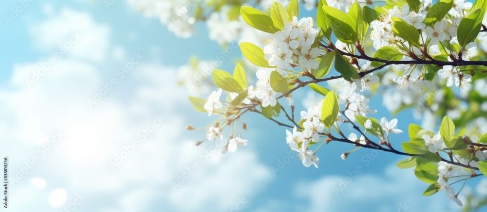 Poster spring nature background with a blurred effect, showing trees against a sunny blue sky with clouds, 