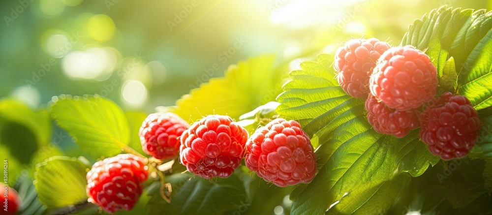 Poster fresh red raspberries with green leaves gleaming in the sunlight, perfect for a copy space image.