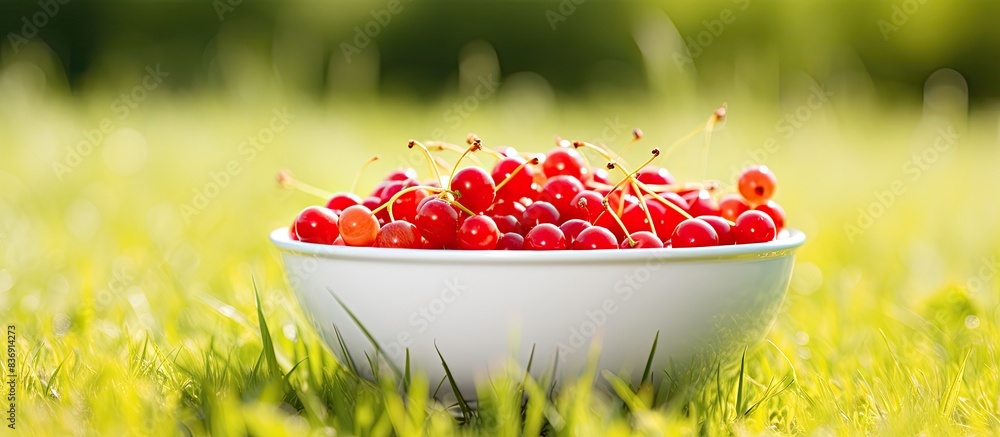 Poster close-up horizontal image of a white bowl filled with fresh red currants on vibrant green grass, inc