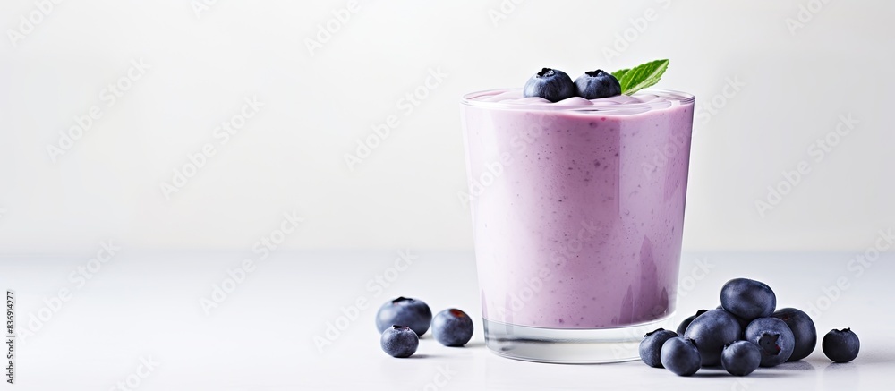Poster homemade blueberry yogurt shake dessert in a glass on a white table background with copy space image