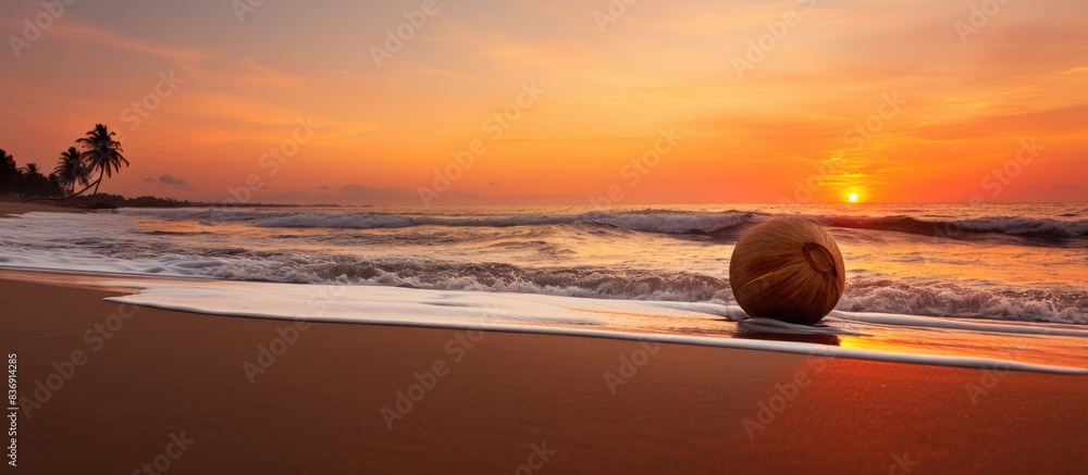 Poster sunset over a beach in sri lanka with a coconut in the foreground, creating a picturesque copy space