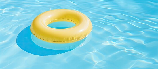 A yellow pool float ring drifting in a cool blue swimming pool with copy space image.