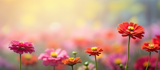 Zinnia in soft focus with blurred flowers in the background, vibrant colors, and copy space image.