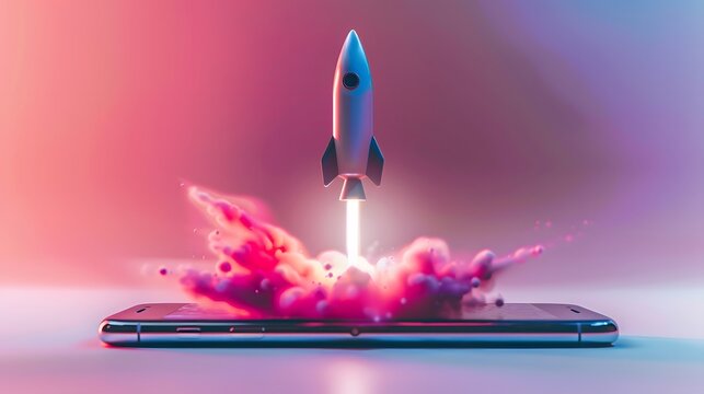 A rocket emerging from an iPhone, set against a gradient background with soft lighting and a pink color scheme. visually representing social media.