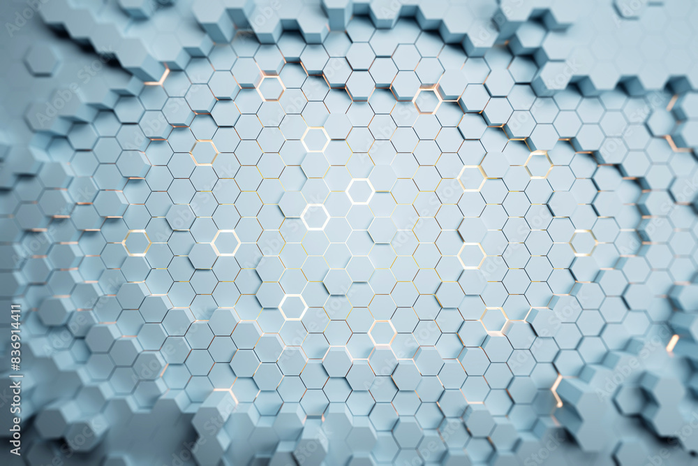 Aufkleber Abstract hexagonal pattern with glowing edges, modern digital backdrop, blue and gold, concept of technology. 3D Rendering