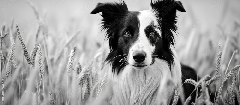 Poster A border collie canine stands in a harvest field in a black and white color scheme, creating an idyllic scene with copy space image.