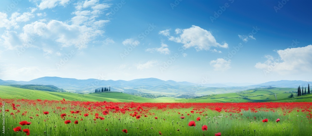 Poster a scenic agricultural setting in spring with a blooming poppy field as the focus, perfect for a copy