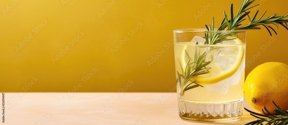 Poster Refreshing lemon cocktail with rosemary placed on table with copy space image.