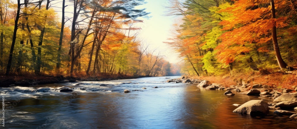 Poster sunny day in an indian summer forest featuring golden autumn trees in a river landscape with a beaut