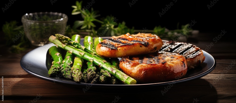 Poster Grilled sausage served with buttered asparagus and tart buns on a plate with copy space image.
