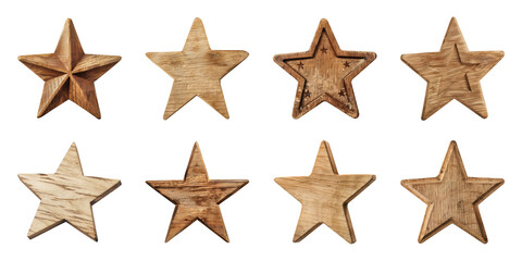 Collection star shapes blank wooden sign board wood on a transparent background, cut out, PNG