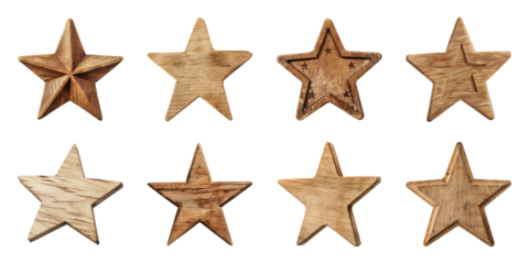Collection star shapes blank wooden sign board wood on a transparent background, cut out, PNG