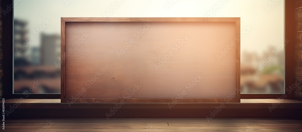 Aufkleber blurry window backdrop with a wooden blank board for copy space image.