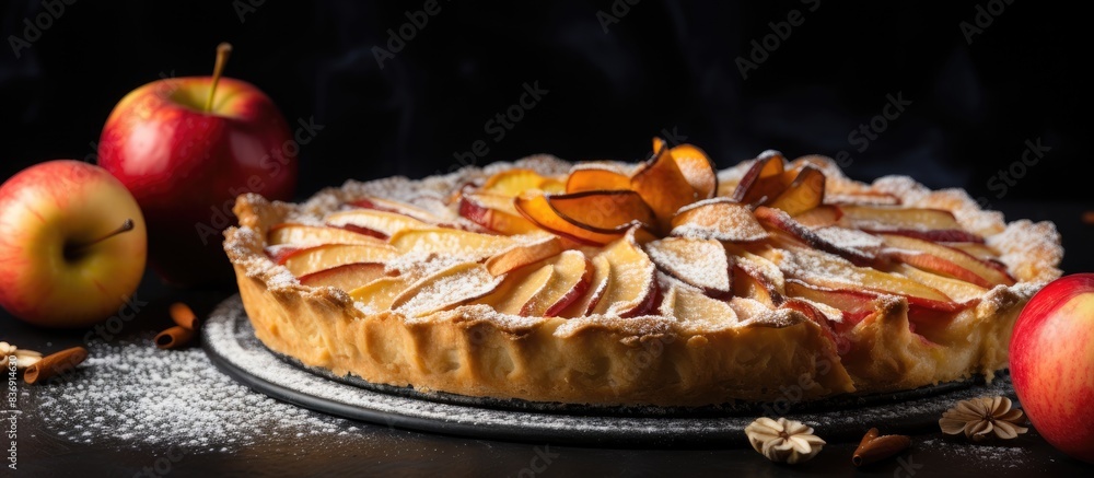 Poster delicious french apple pie on a dark marble background with fresh fruit slices, presenting a closeup