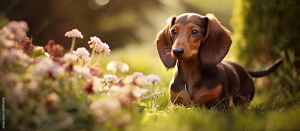 Poster dachshund enjoying a sunny garden with a copy space image available.