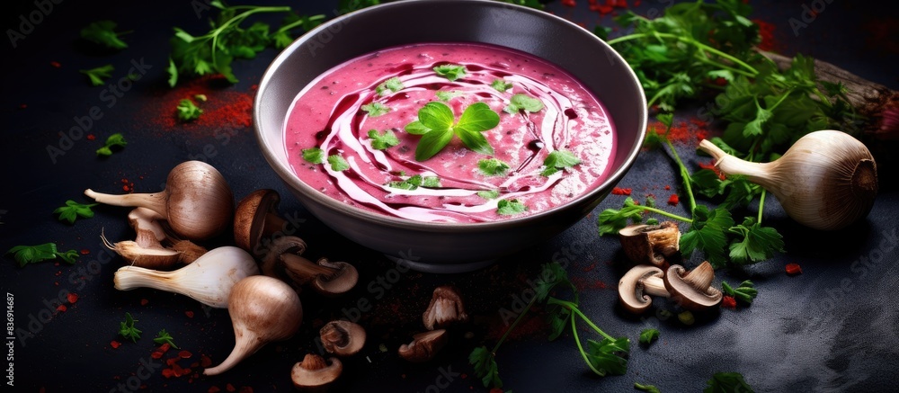Poster Creamy beetroot soup garnished with diced celery, red onion, and sliced champignon mushrooms in an enticing composition for a copy space image.