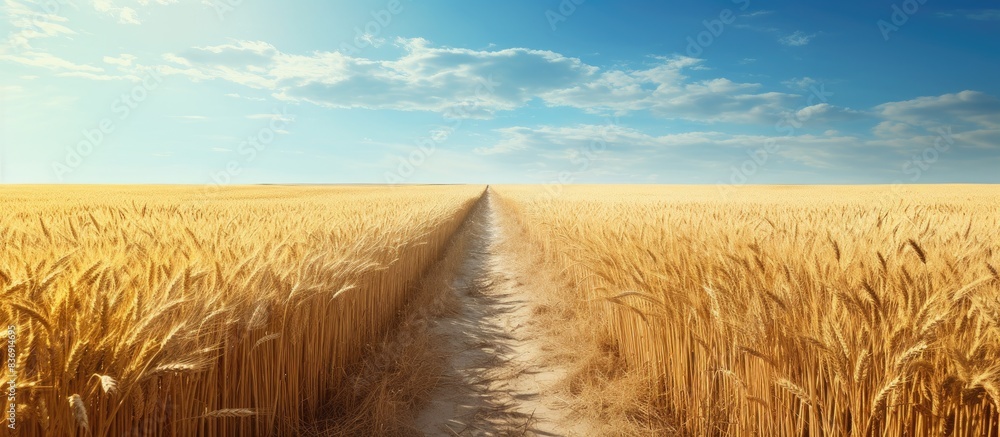 Poster A pathway cuts through a field of wheat but doesn't extend all the way to the other side where more wheat grows, with a serene landscape and room for text, known as a copy space image.