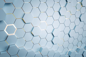 A geometric pattern of hexagons with blue tones and highlights, modern design concept on a light background. 3D Rendering