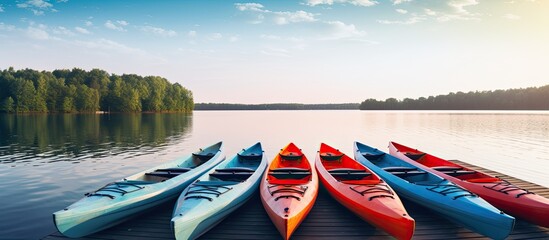 Colorful blue and red kayaks and canoes are lined up on the dock beside a serene lake with space for text or image placement.