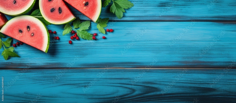 Poster watermelon slices and mint leaves displayed on a rustic blue wooden table, perfect as a background o