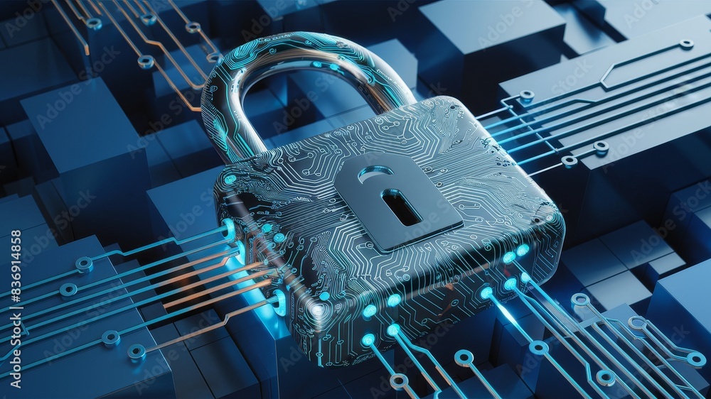 Poster a stunning 3d render of a high-tech padlock, intricately designed with complex circuitry patterns