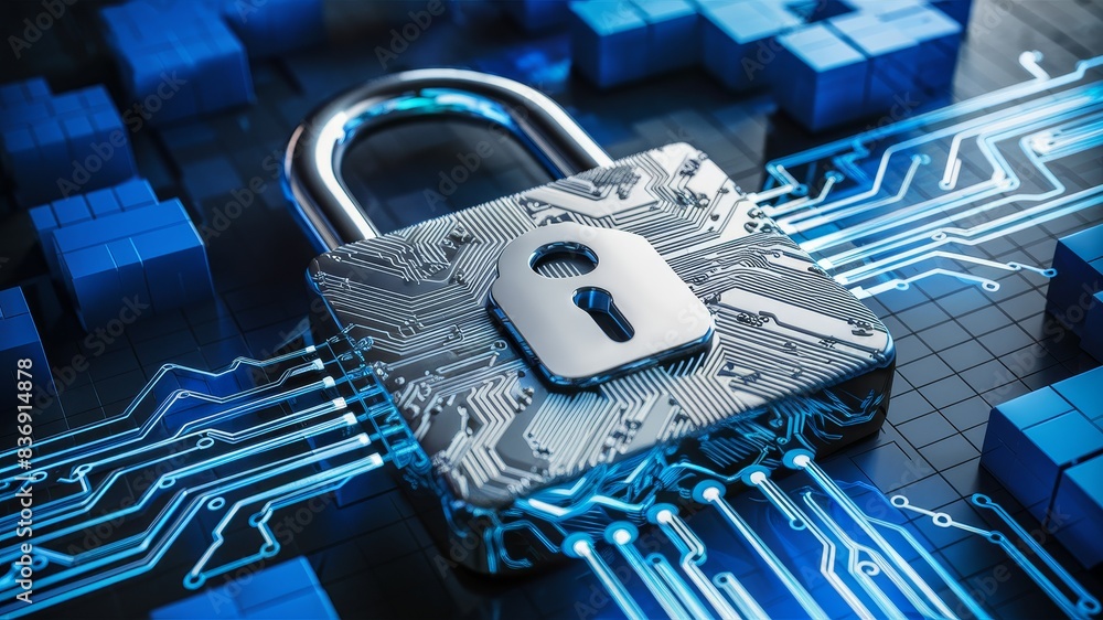 Poster a stunning 3d render of a high-tech padlock, intricately designed with complex circuitry patterns