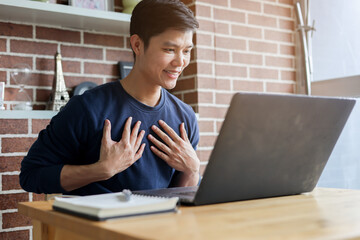 close up asian employee make gesture hand about help sign language to meeting and talking with team...