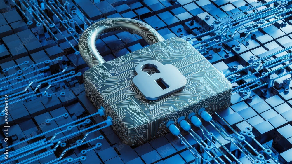 Poster a stunning 3d render of a high-tech padlock, intricately designed with complex circuitry patterns