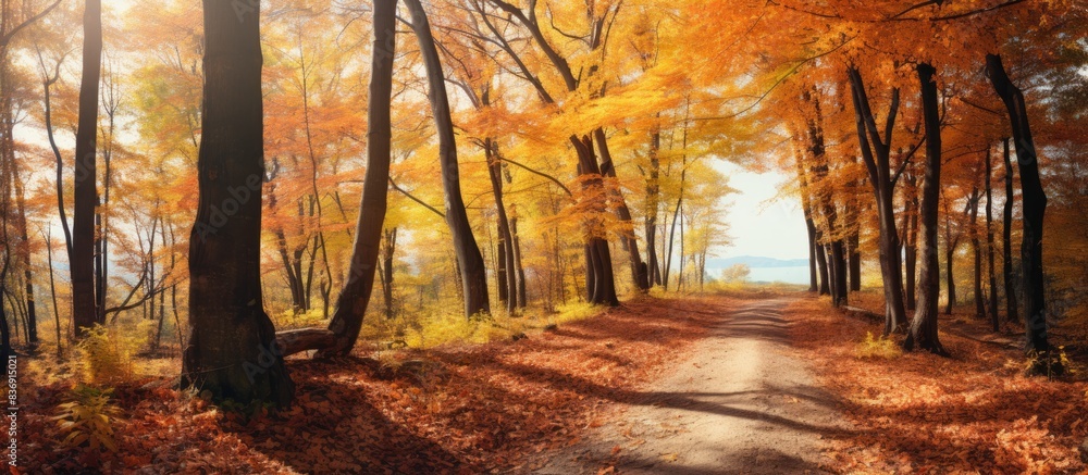 Poster autumn in the forest with vibrant foliage and a serene atmosphere, ideal for a walk amidst nature's 