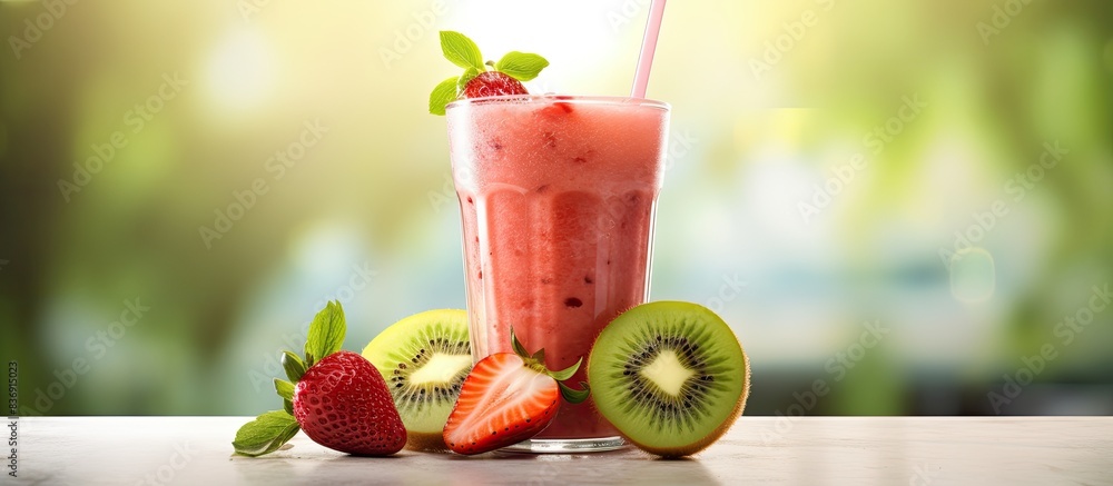 Poster blend strawberry with kiwifruit juice for a refreshing beverage, perfect for summer with a vibrant c