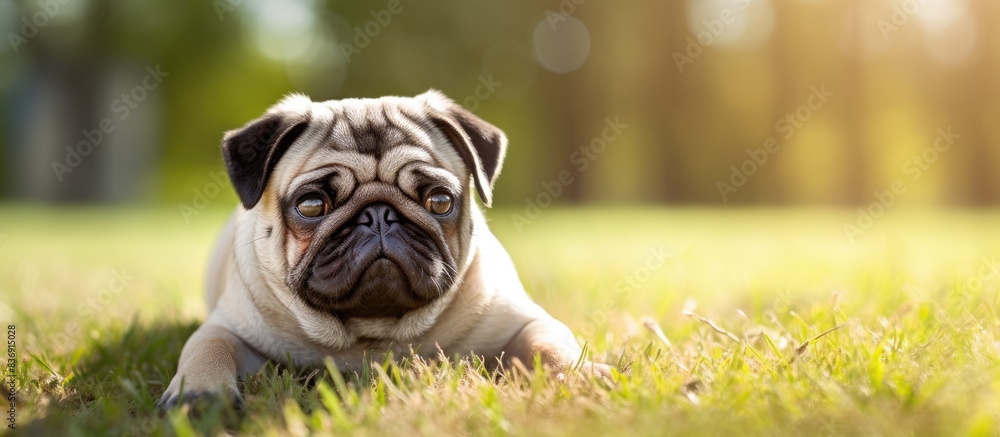 Poster A pug is captured in a portrait while resting on the grass, with a blank space for an image.