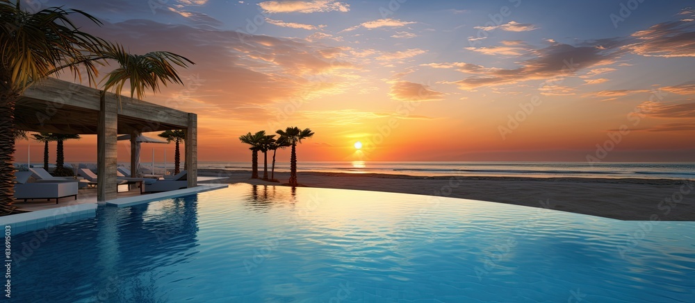 Poster breathtaking sunset on the beach with a pool in the foreground, ideal for a copy space image.
